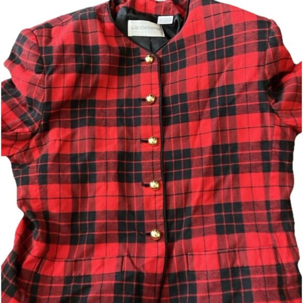 Vintage Liz Claiborne Plaid Jacket Sz 14 Gold Buttons 100% Polyester Red Squared